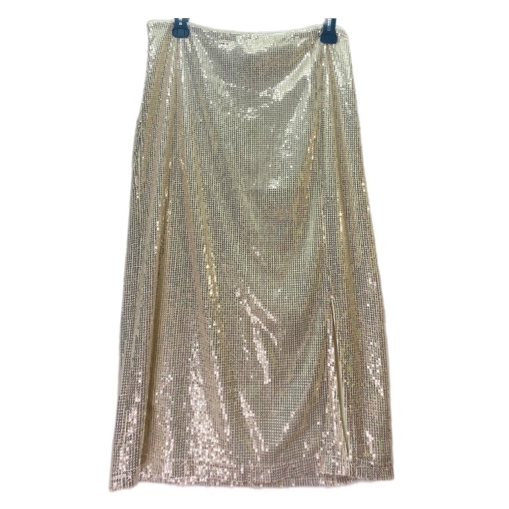 Glamorous Gold Christmas Party Skirt Midi Sequin Sexy 7” Slit Mob Wife Classical